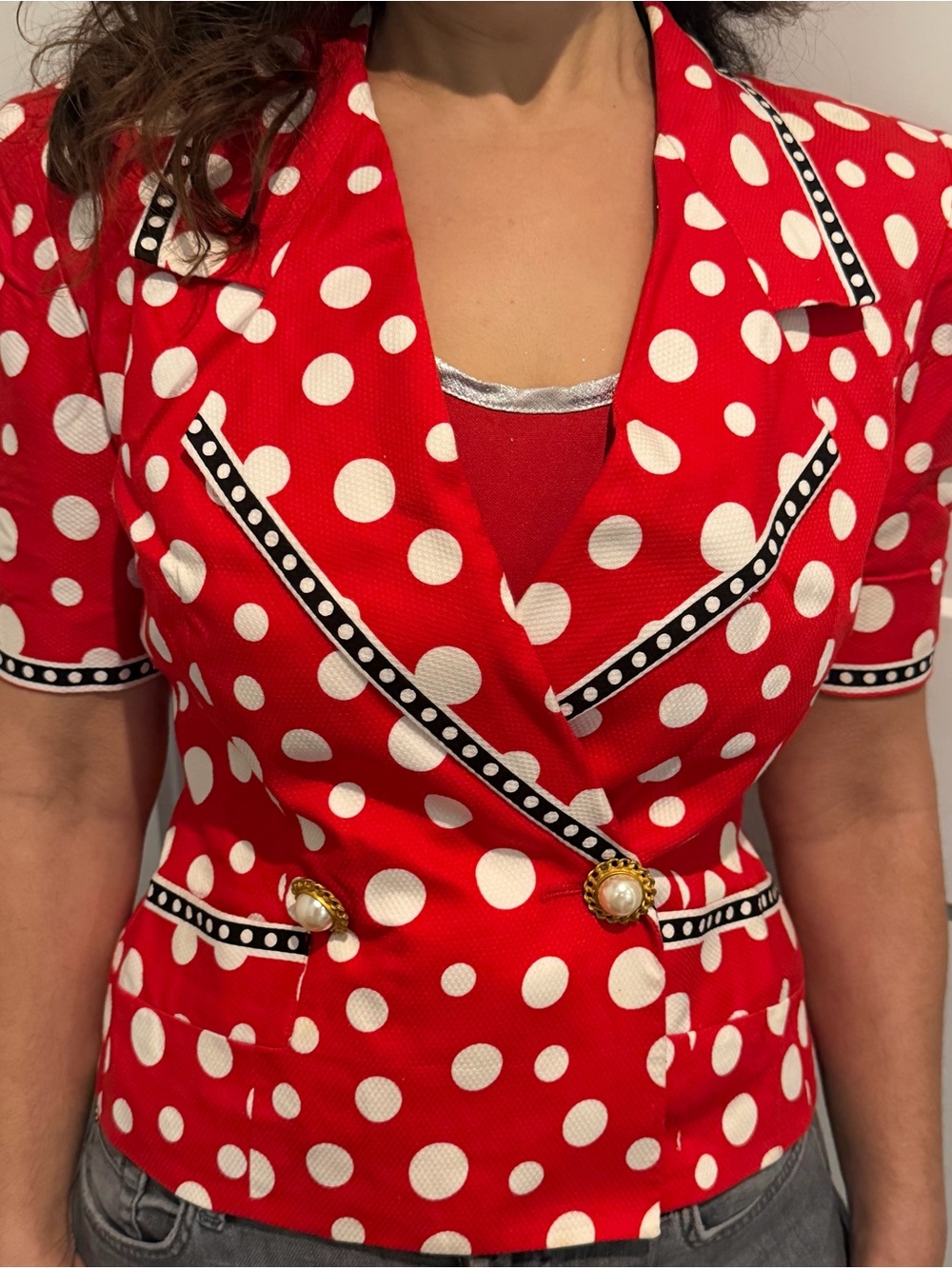 Rickie Freeman for Teri Jon Neiman Marcus Red and White Polka Dot Cotton Blazer